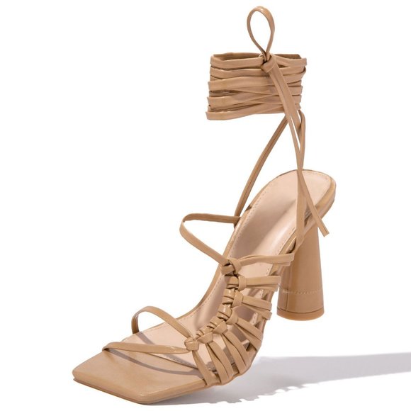 NEW🔥 Nude Open Toe Strappy Wrap Lace Up High Heel Sandals - Picture 2 of 4